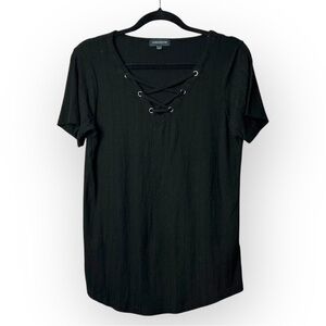 Warehouse One Black Lace Up V Neck Tee L